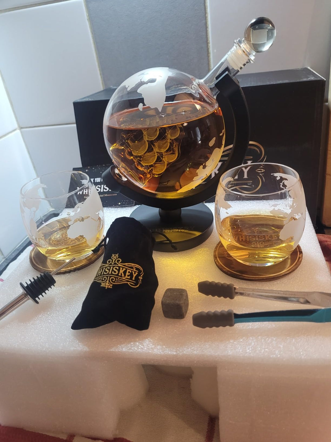 globe decanter explorer granite with whiskey and accessories