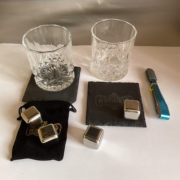 whiskey_accessory_set_the_double_deluxe_tumblers_stainless_steel_stones_and_coasters